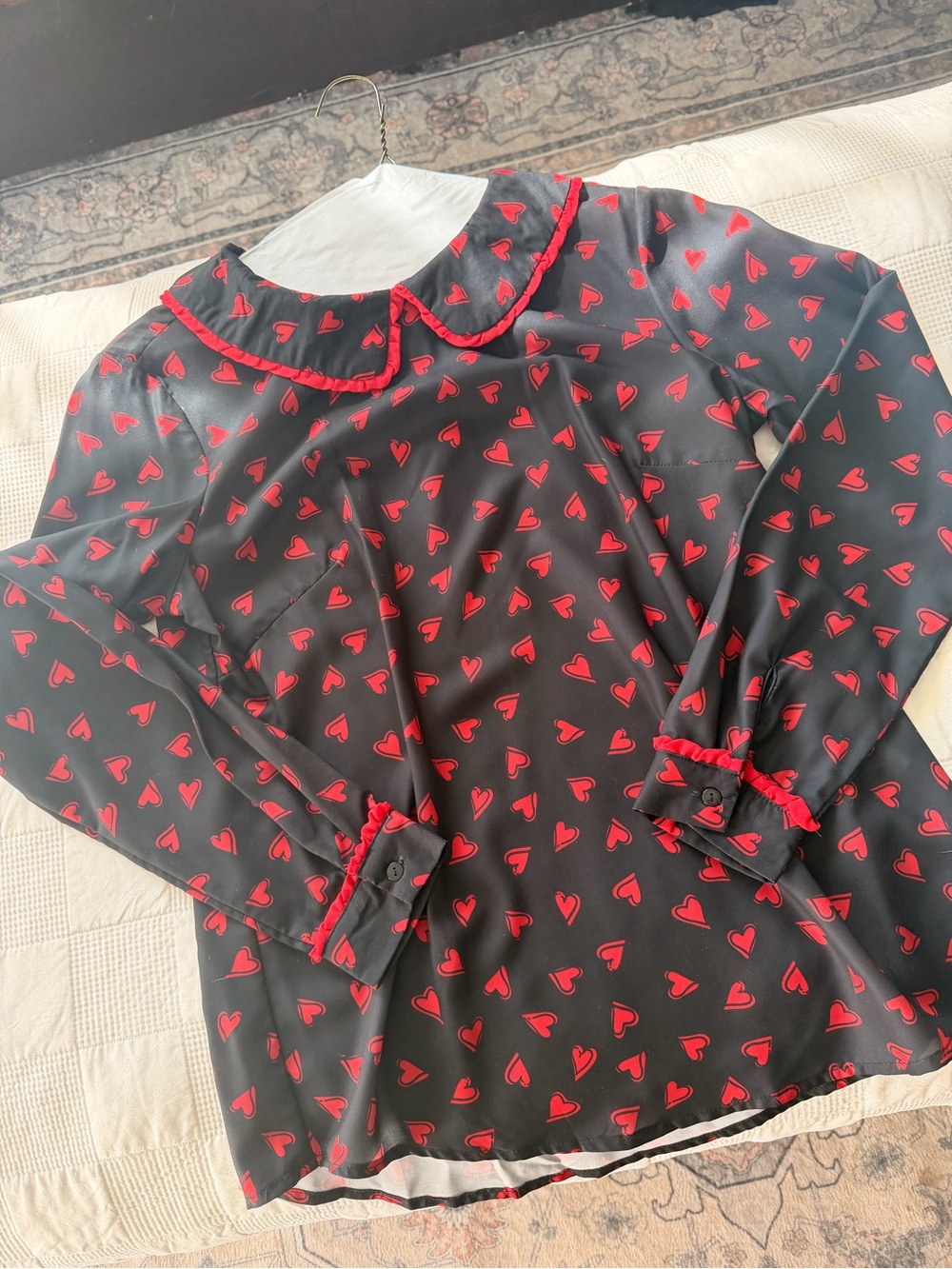 Allegra K Black Blouse with Red Heart Print and Ruffle Collar